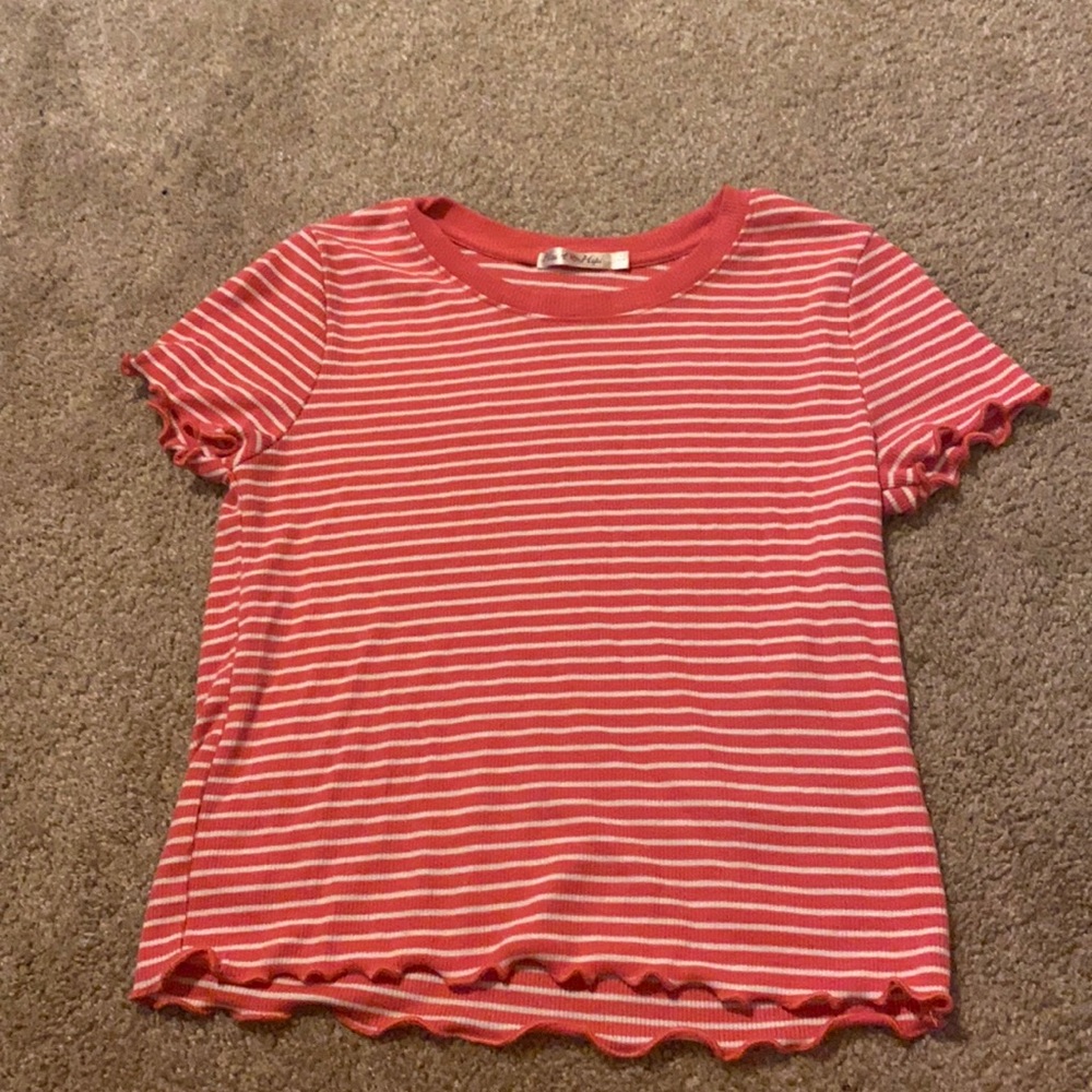 pink and white striped lettuce edge crop top